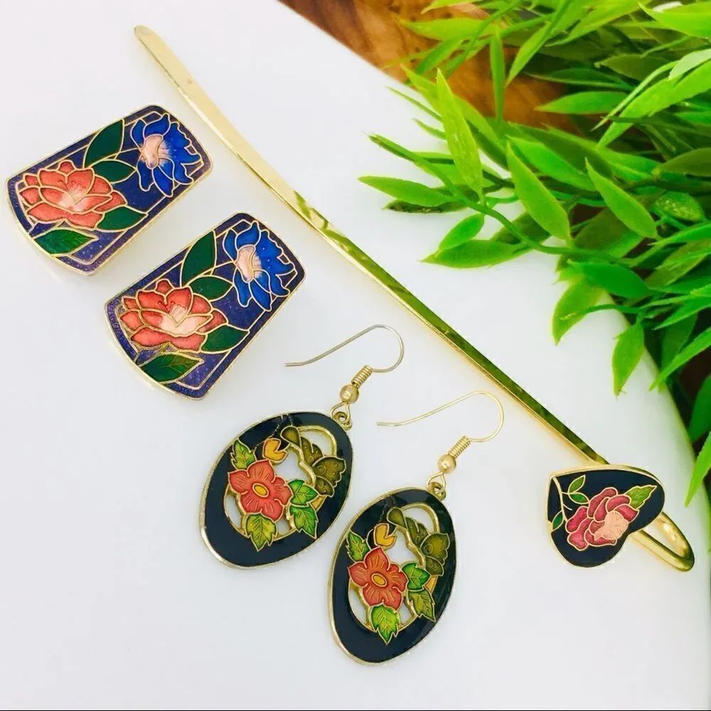 Vintage Cloisonne Earrings Bookmark Letter Opener Gold Blue Red 4440